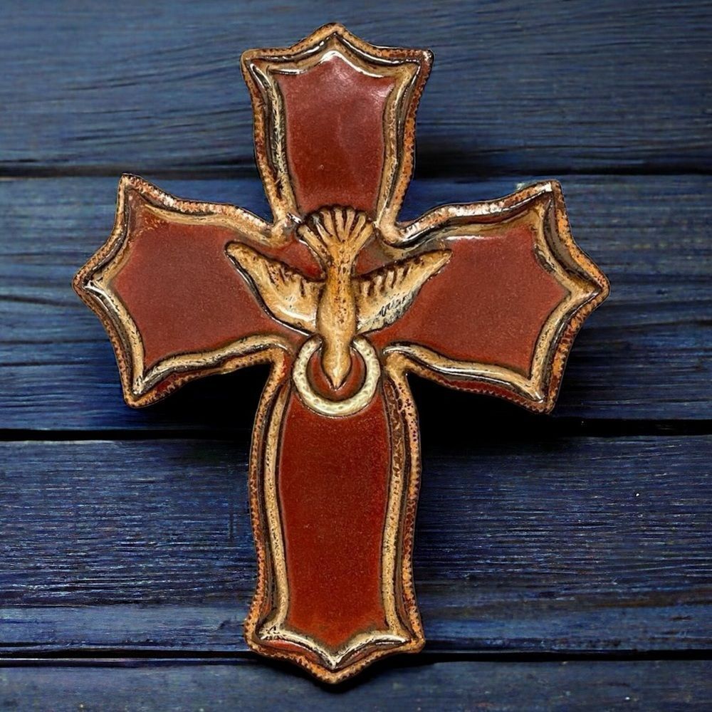 Holy Spirit Dove Imprint Multi Glaze Red Clay Pottery CROSS by Terrie Robinson